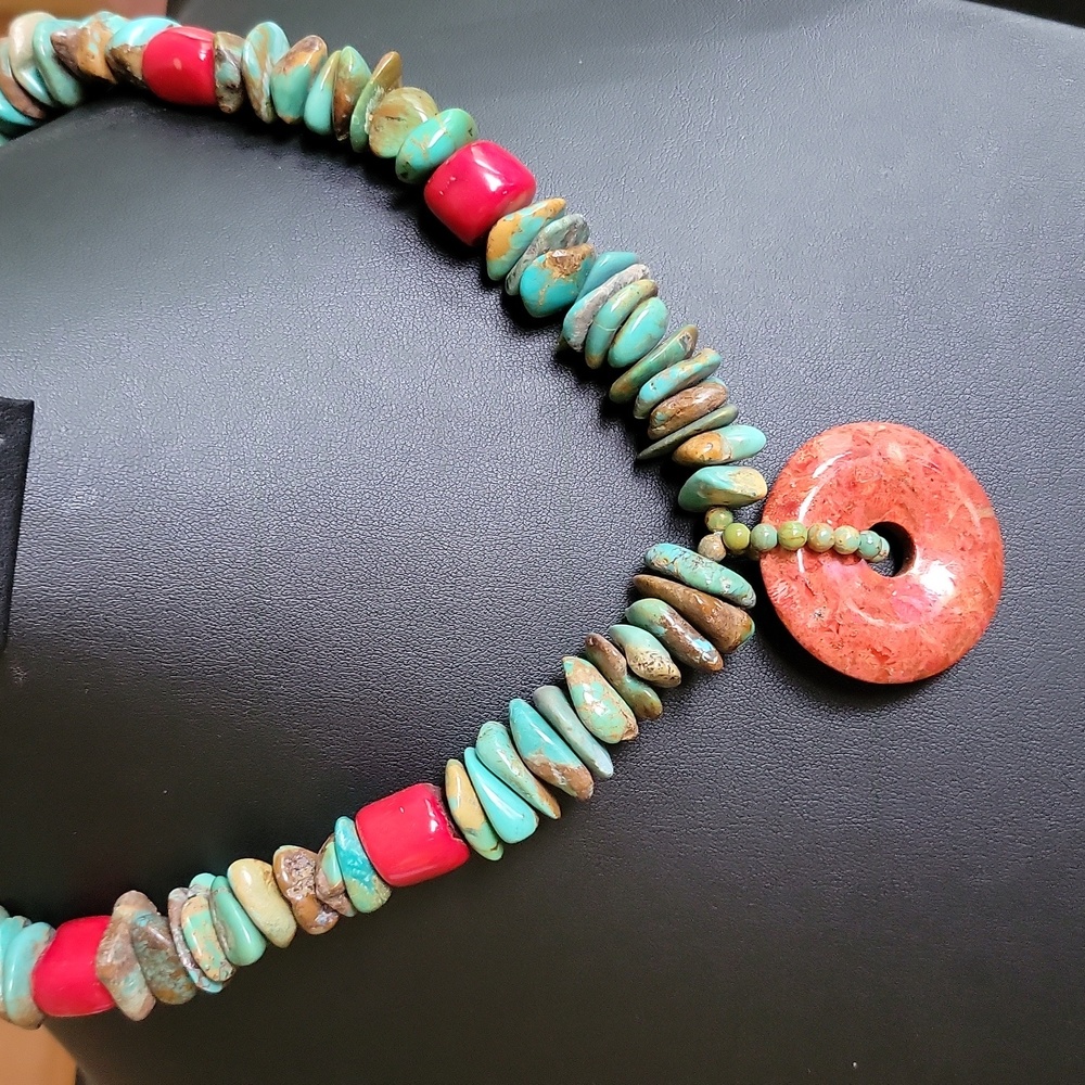Boho Turquoise and Red Coral Necklace with Natural Stone Disc Pend…